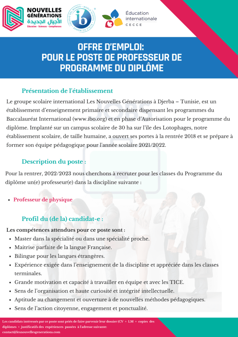 Offre d'emploi pour le poste de Professeur de second degré Programmes du Diplôme (2)